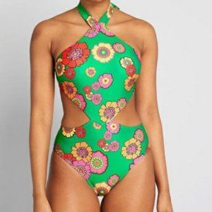 Modcloth Green Floral One Piece Swimsuit